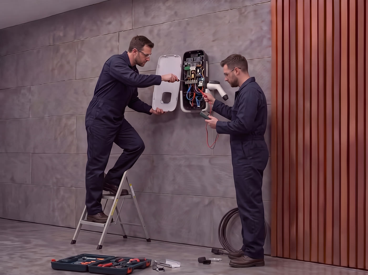 Dos técnicos instalando un cargador de pared en una cochera